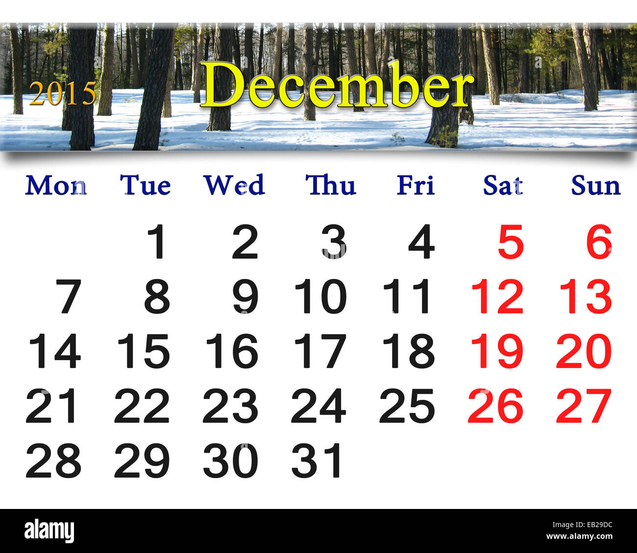 Beau calendrier pour le mois de décembre 2015 avec le ruban de la forêt d'hiver Banque D'Images