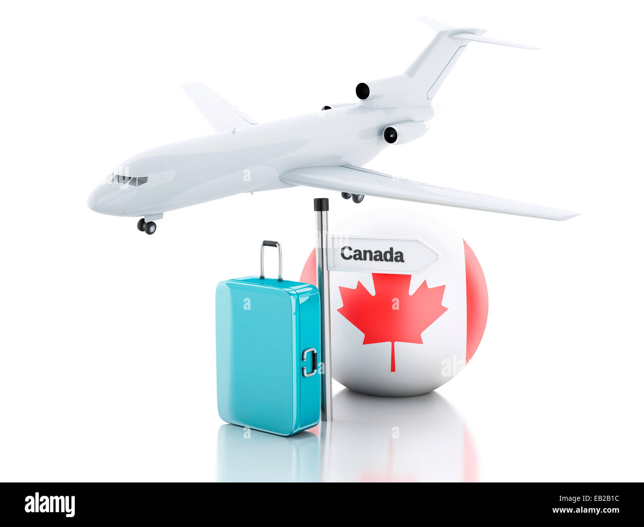 Image du concept de voyage. Valise, l'avion et l'icône du drapeau du Canada. 3d illustration sur fond blanc Banque D'Images