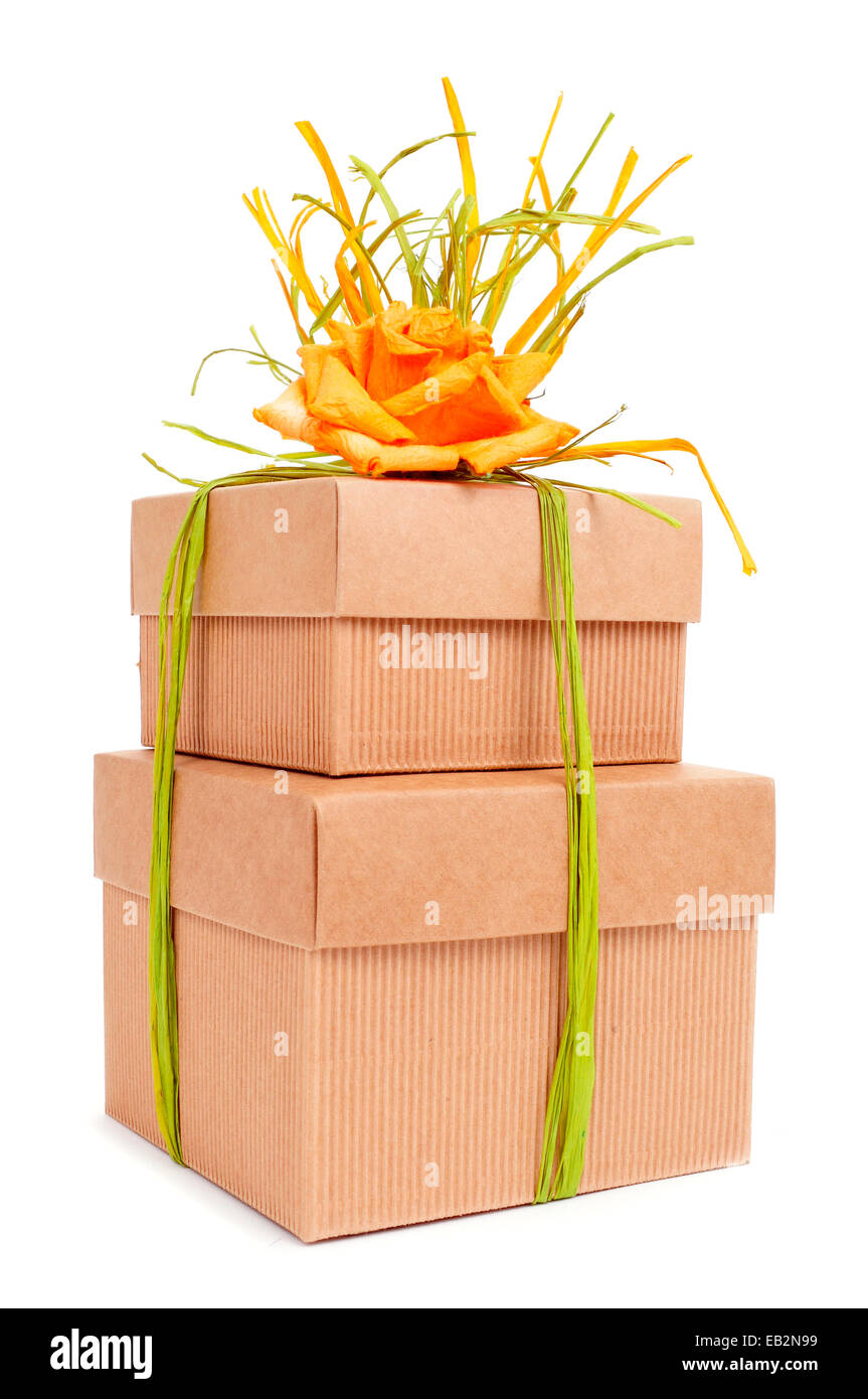 Certaines boîtes cadeau attaché avec du raphia naturel de diverses couleurs et surmonté d'une fleur sur fond blanc Banque D'Images