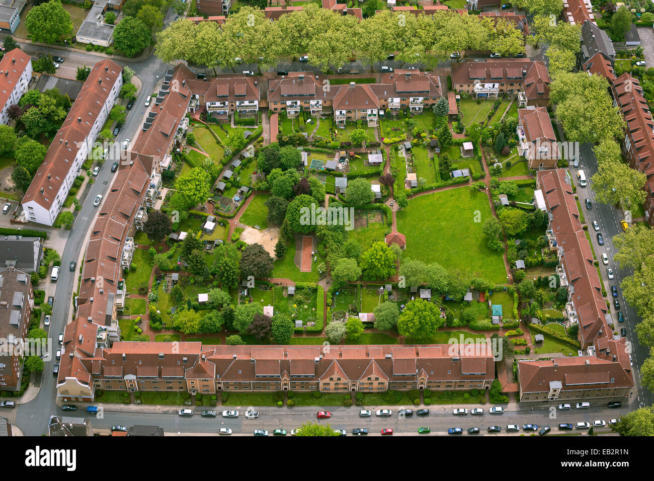 Vue aérienne, les maisons des mineurs, les différends avec cour-jardin de style, bloquer le développement, Oberhausen Osterfeld Banque D'Images