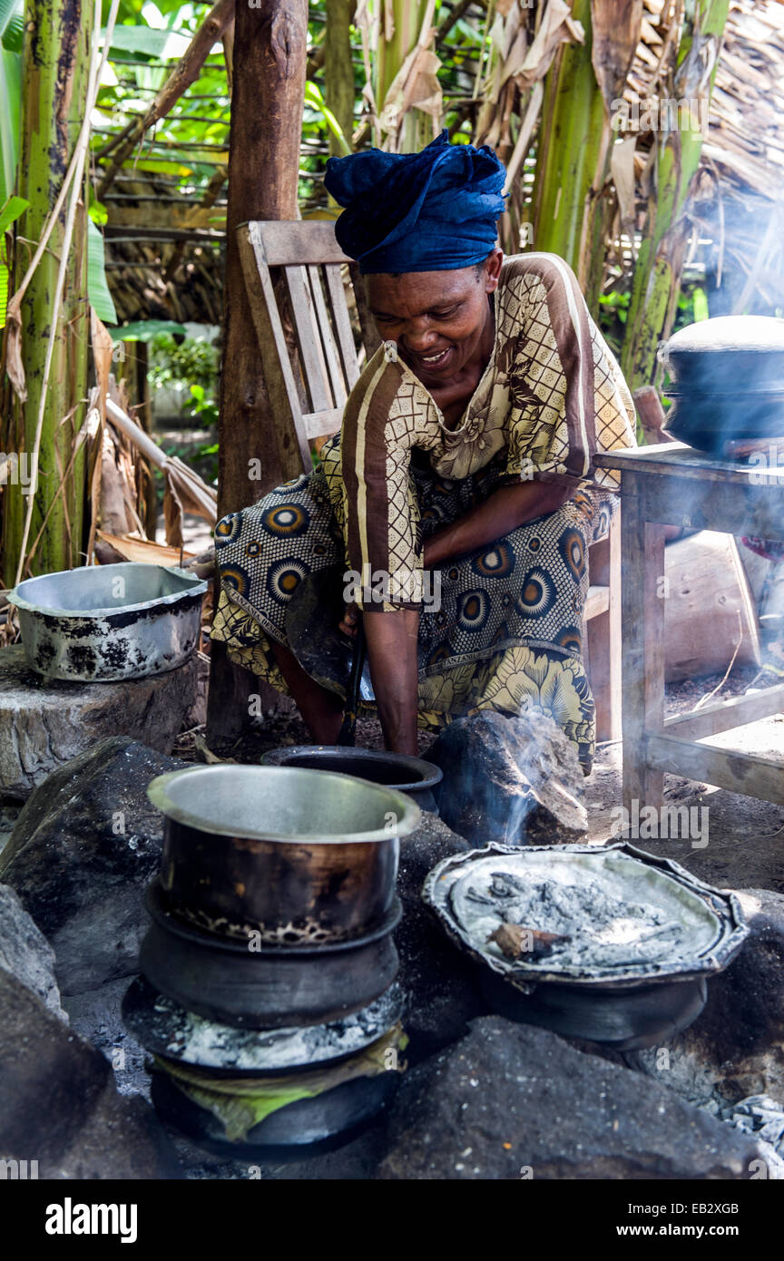 Une femme cuisiner un repas africain traditionnel de pommes de terre, viande et légumes dans une cuisine. Banque D'Images