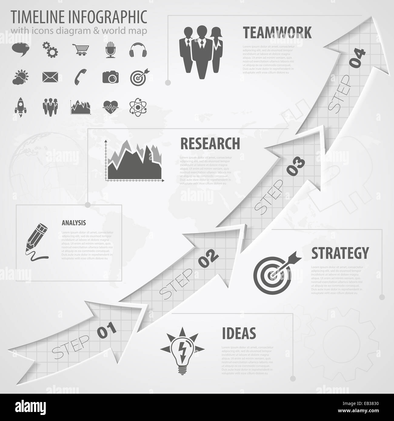 Chronologie d'infographie avec des flèches, des icônes et le nombre d'options. Template Banque D'Images
