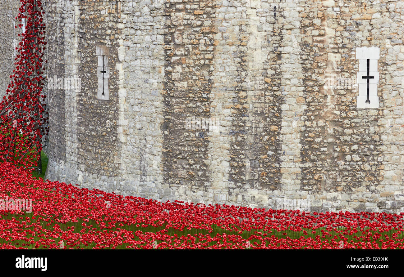 'Blood a balayé des terres l'installation de coquelicots en céramique Tour de Londres Angleterre Europe Banque D'Images