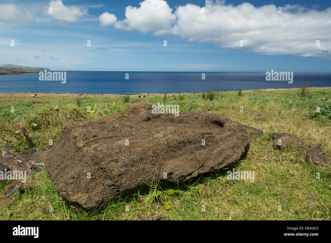 Le Chili, l'île de Pâques ou Rapa Nui Rapa Nui, NP. L'ahu Vinapu, important centre cérémoniel, stone moi tête. Banque D'Images