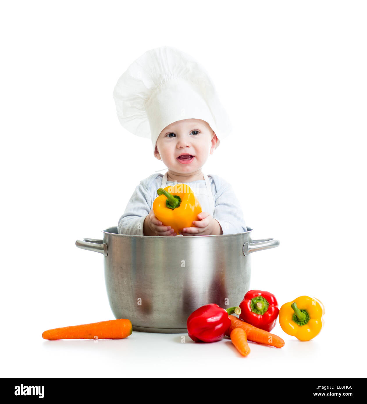 Cuire bébé à l'intérieur grande casserole avec des aliments sains Banque D'Images