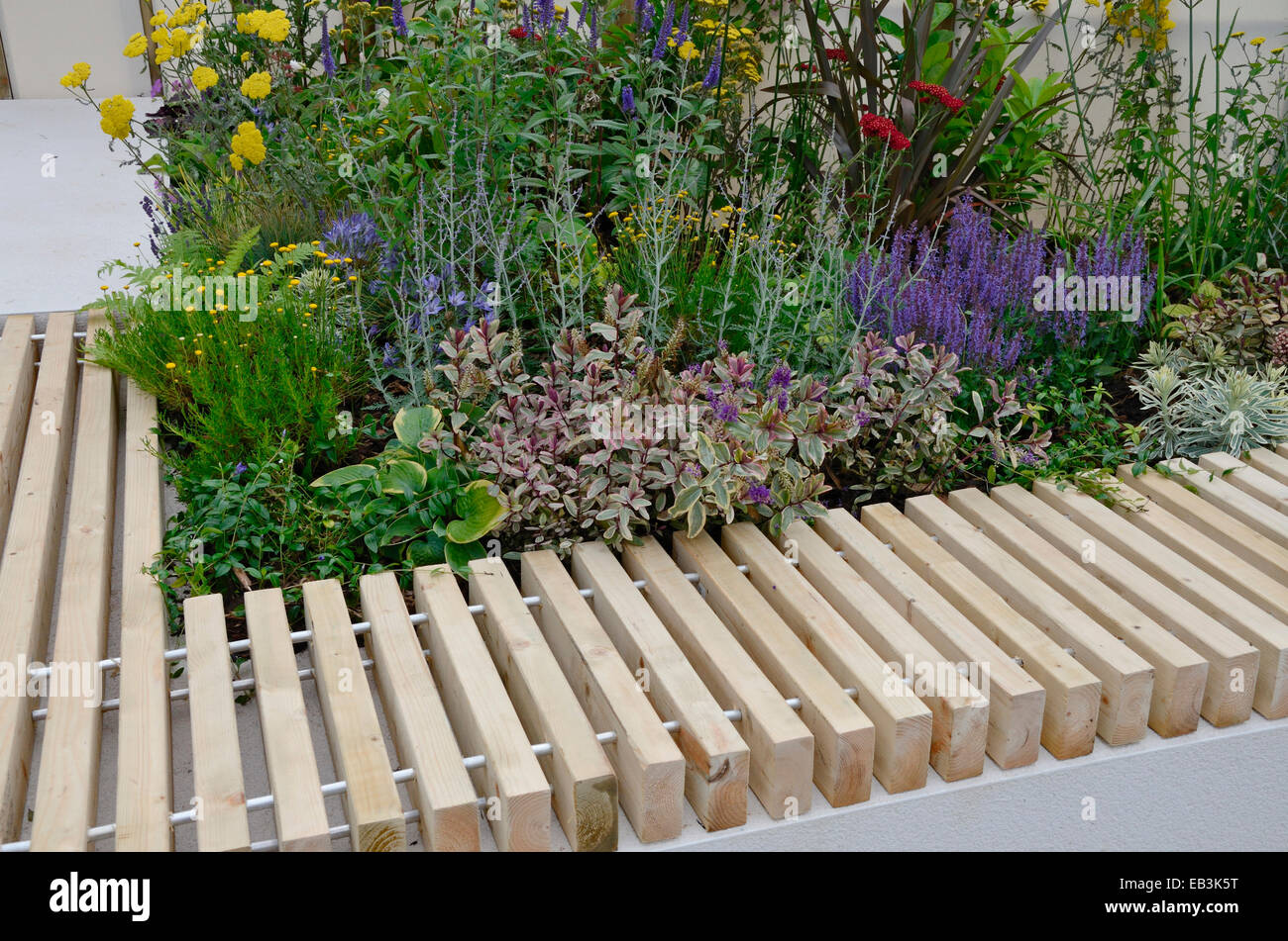 Une fleur frontière avec banc dans un jardin public de l'espace urbain Banque D'Images