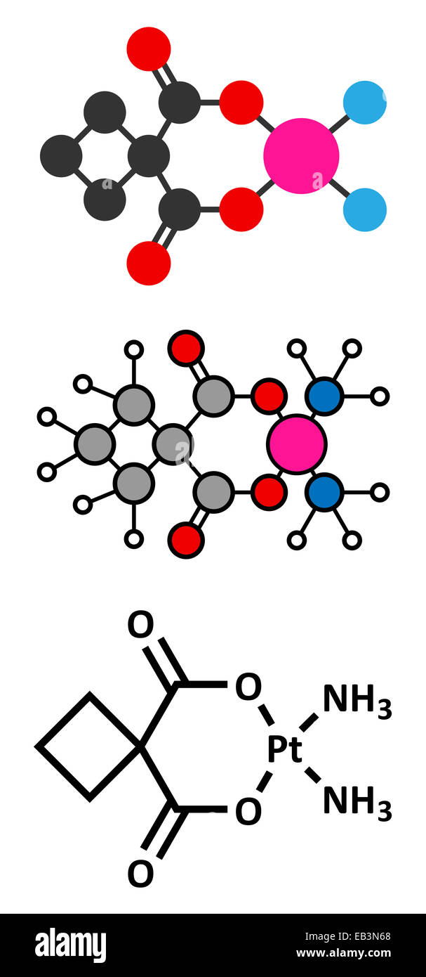 Carboplatine chimiothérapie du cancer molécule pharmaceutique. Formule topologique classique et représentations stylisées. Banque D'Images