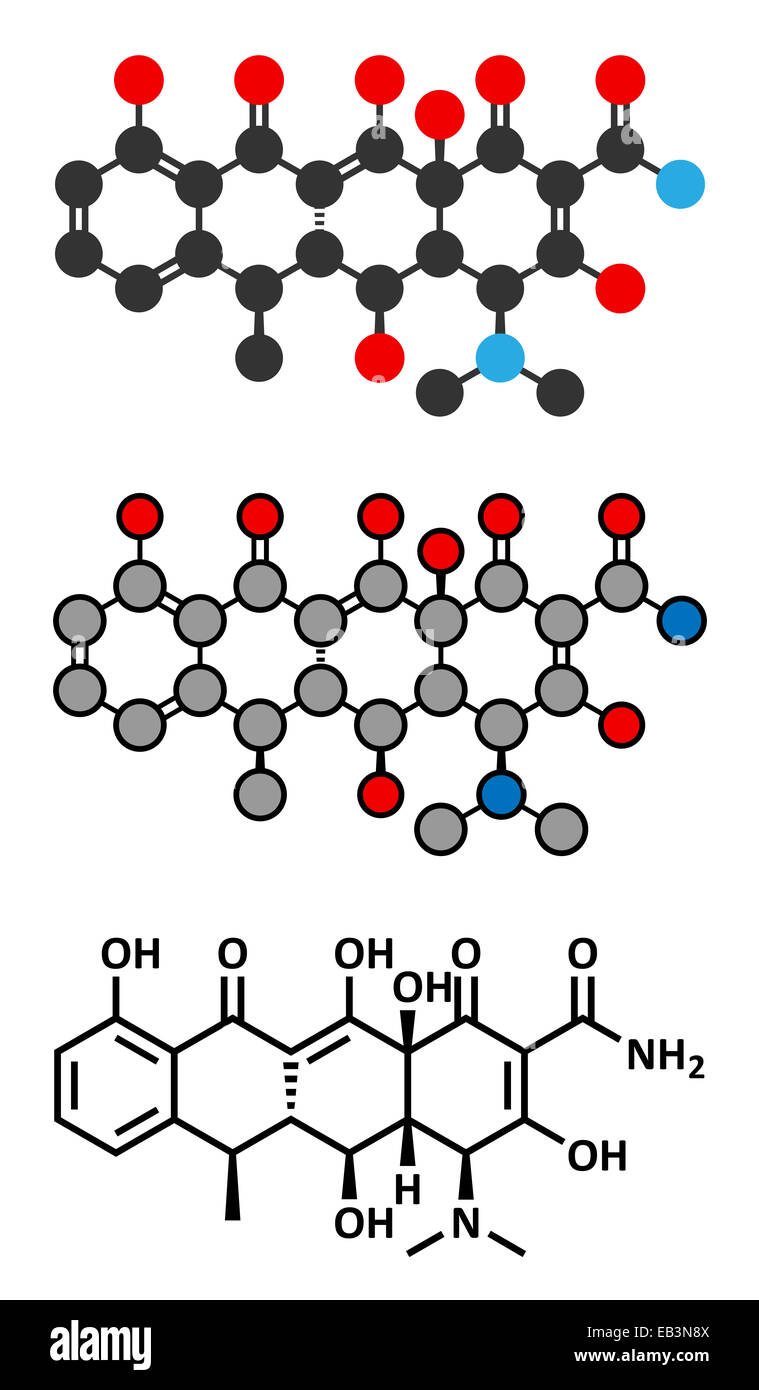 Doxycycline antibiotique tétracycline (classe) molécule. Formule topologique classique et représentations stylisées. Banque D'Images
