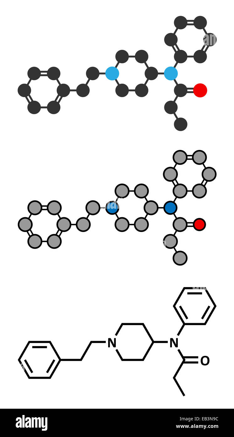 Fentanil (fentanyl) molécule du médicament analgésique opioïde. Formule topologique classique et représentations stylisées. Banque D'Images