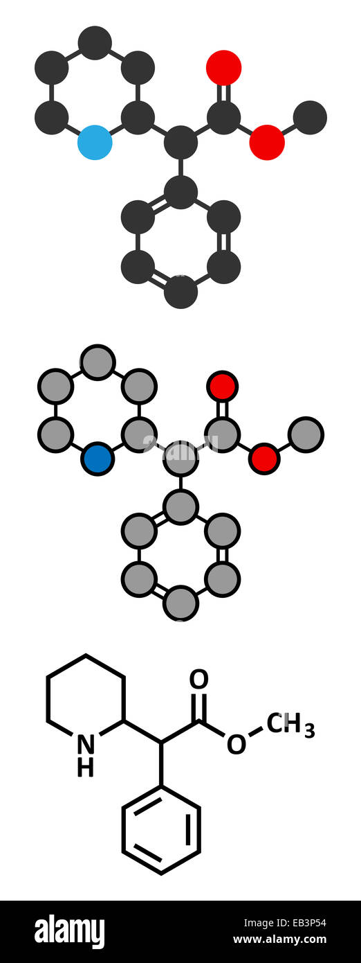 Le méthylphénidate attention-deficit hyperactivity disorder (ADHD) molécule pharmaceutique. Formule topologique classique et stylisé repres Banque D'Images