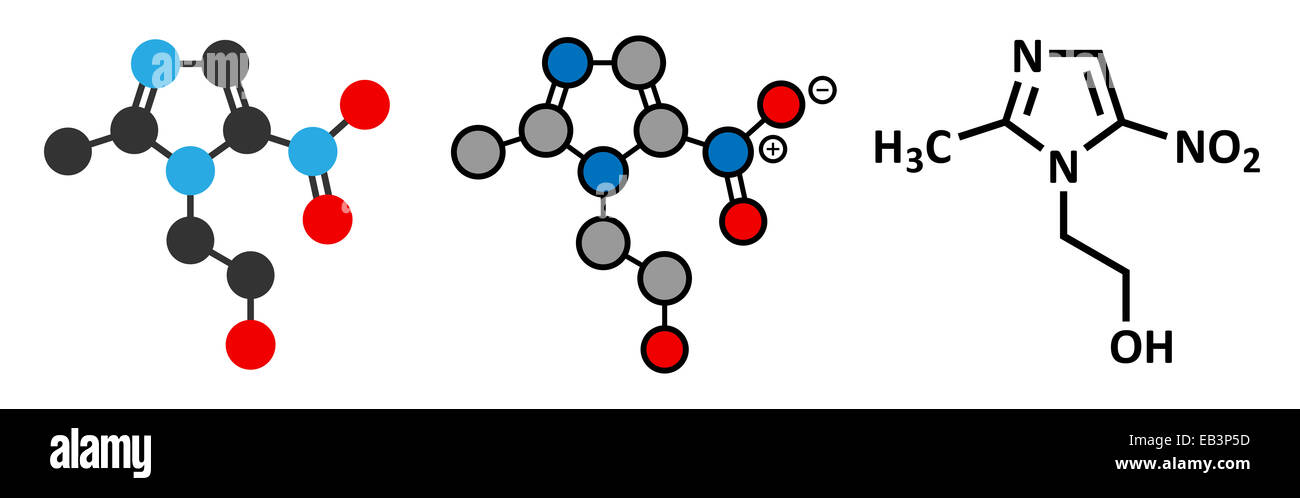 Metronidazole antibiotique nitroimidazole (classe) molécule. Formule topologique classique et représentations stylisées. Banque D'Images