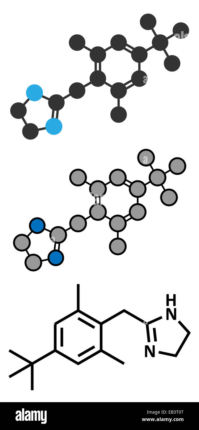 Xylométazoline molécule décongestionnant nasal. Souvent utilisé en pulvérisation nasale et gouttes pour le nez. Formule topologique classique et stylisé Banque D'Images