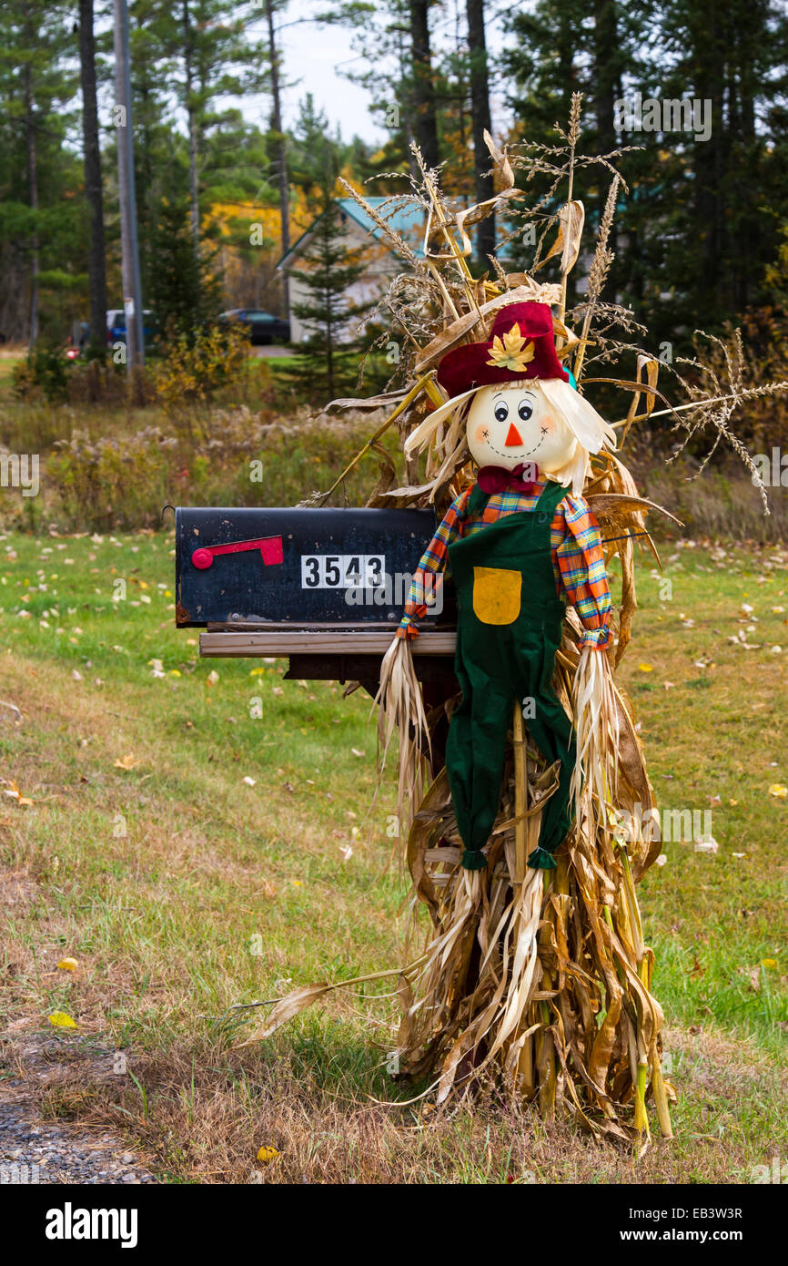 L'épouvantail d'automne décoration boîte aux lettres en milieu rural, la Péninsule Supérieure du Michigan, USA. Banque D'Images