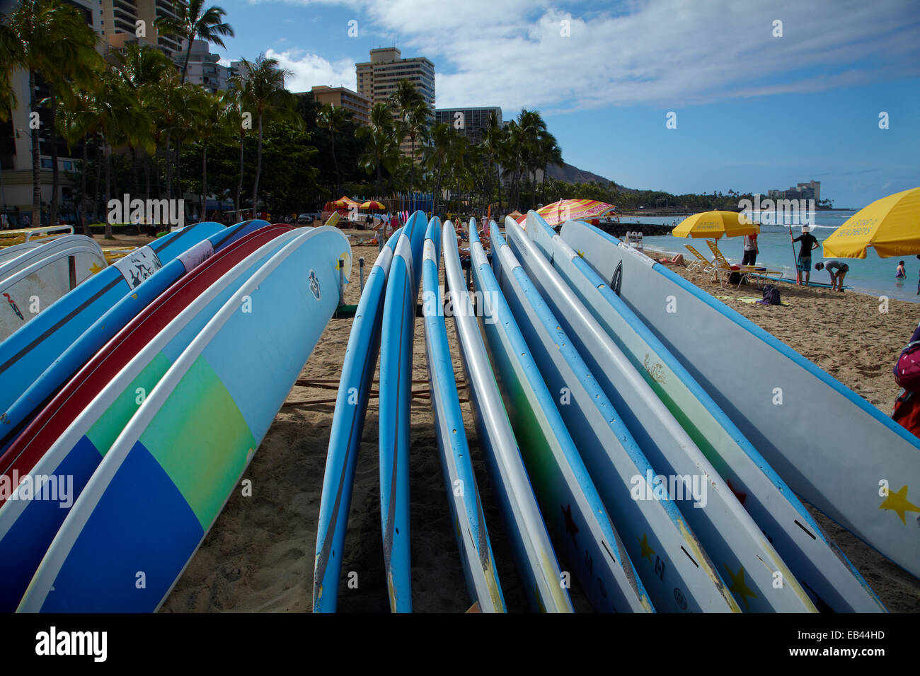 Location de surf, la plage de Waikiki, Honolulu, Oahu, Hawaii, USA Banque D'Images