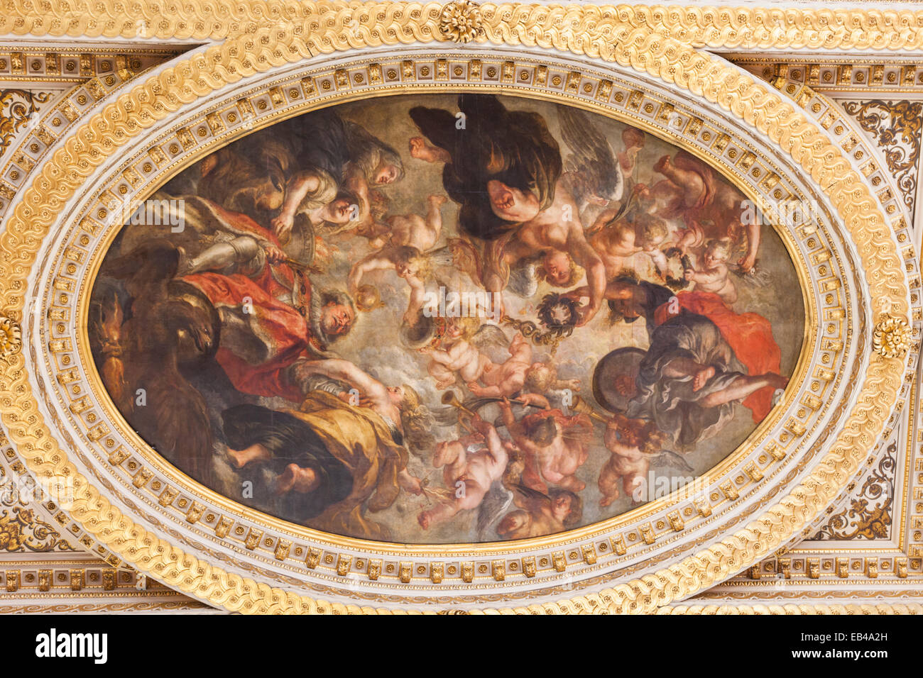 L'Angleterre, Londres, Whitehall, Banqueting House, le plafond d'art de Rubens Banque D'Images