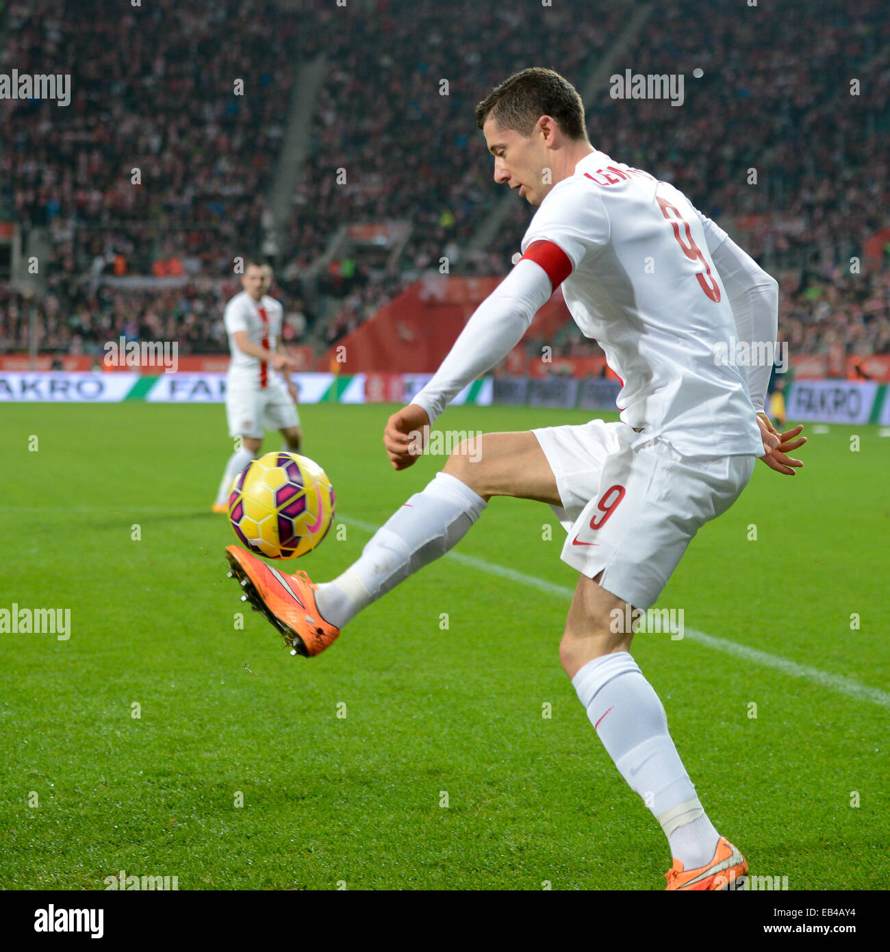 WROCLAW, Pologne - 18 NOVEMBRE 2014 : Robert Lewandowski en action au cours de match Pologne - Suisse 2:2. Banque D'Images