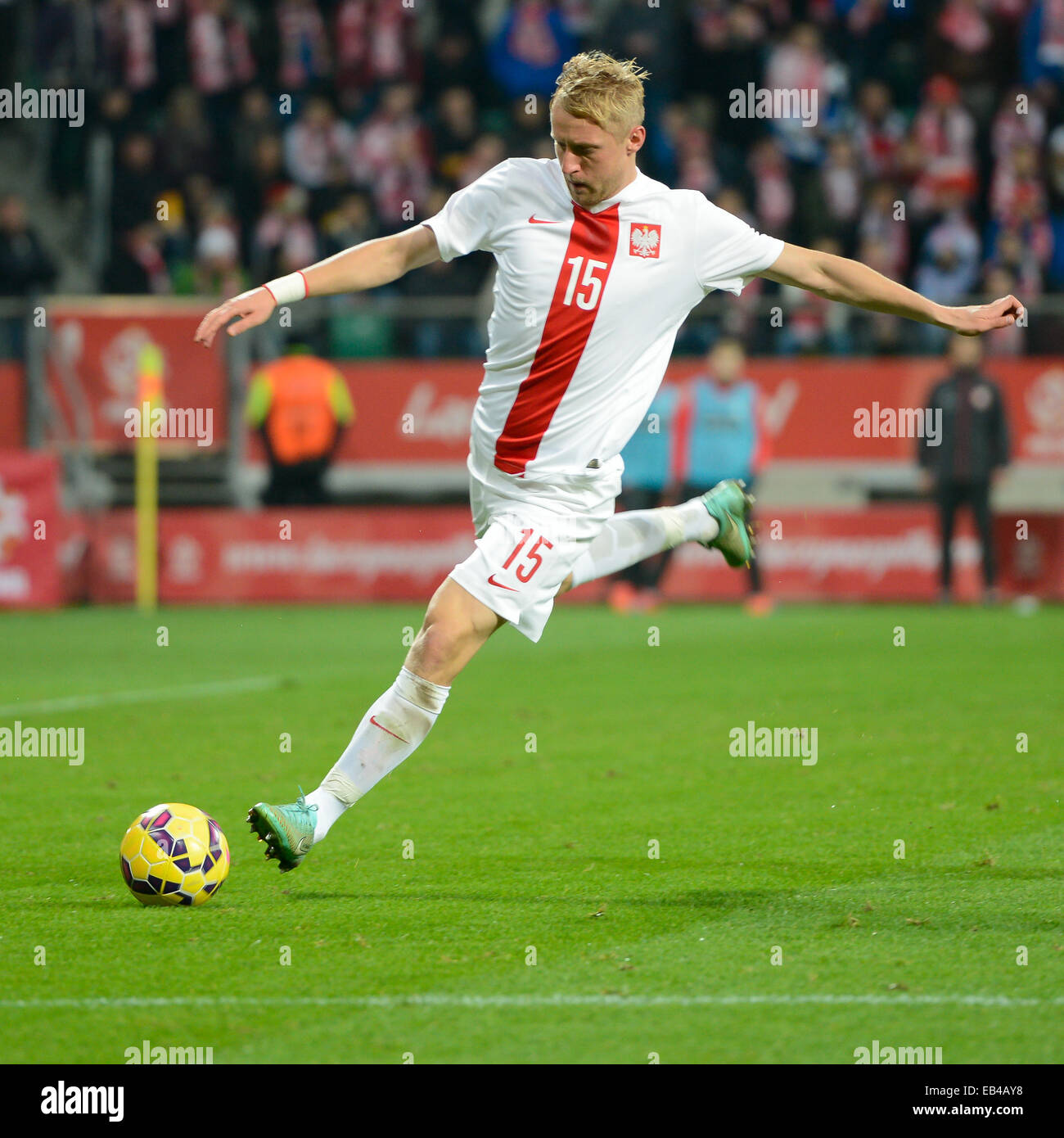 WROCLAW, Pologne - 18 NOVEMBRE 2014 : Kamil Glik (15) et Xherdan Shaqiri (23) en action au cours de match Pologne - Suisse 2:2. Banque D'Images