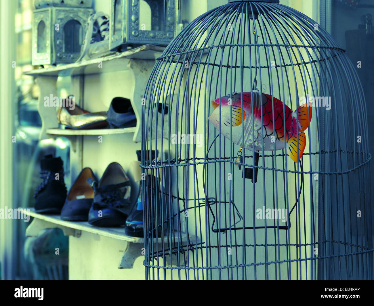 Textiles Locaux fashion shop, poissons à l'intérieur de la cage d'oiseaux Banque D'Images