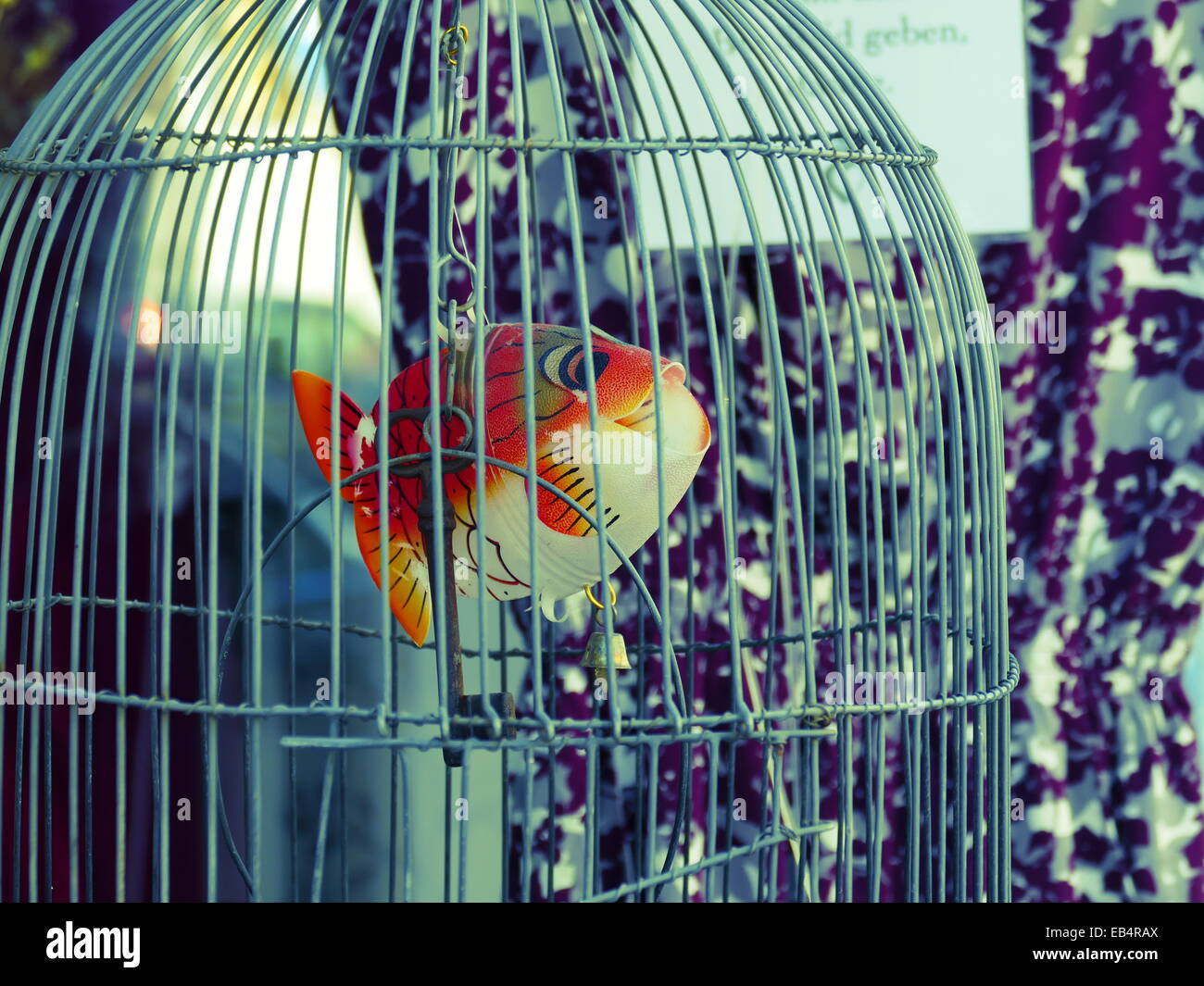 Textiles Locaux fashion shop, poissons à l'intérieur de la cage d'oiseaux Banque D'Images