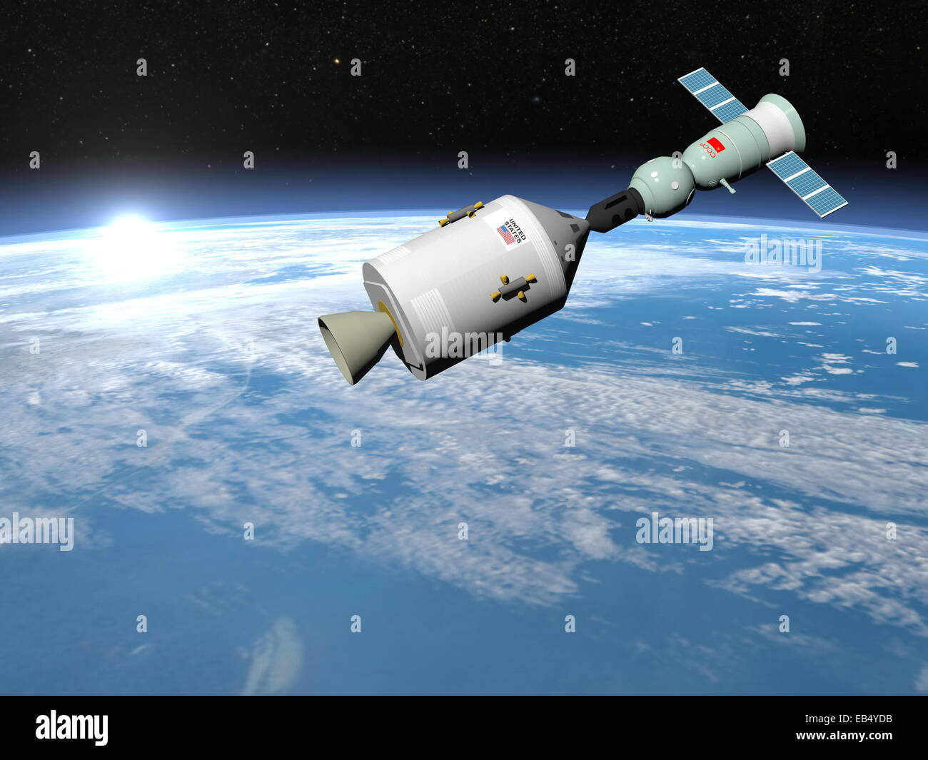 Projet expérimental d'essai Apollo-soyouz avec vol commun du vaisseau spatial soviétique Soyouz-19 et le vaisseau spatial américain Apollo, ele Banque D'Images