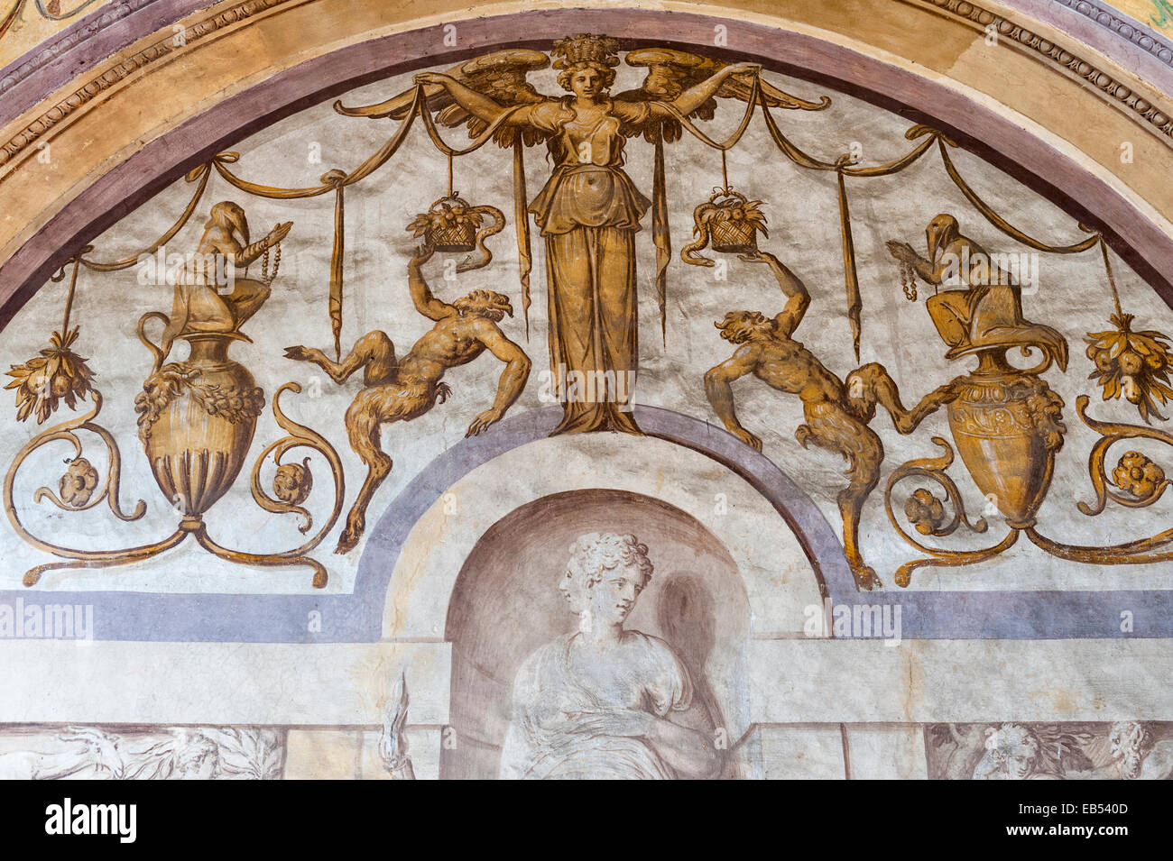 Un détail de l'intérieur décoré de fresques à la Villa Godi Malinverni 16c, Vicence, Italie Banque D'Images
