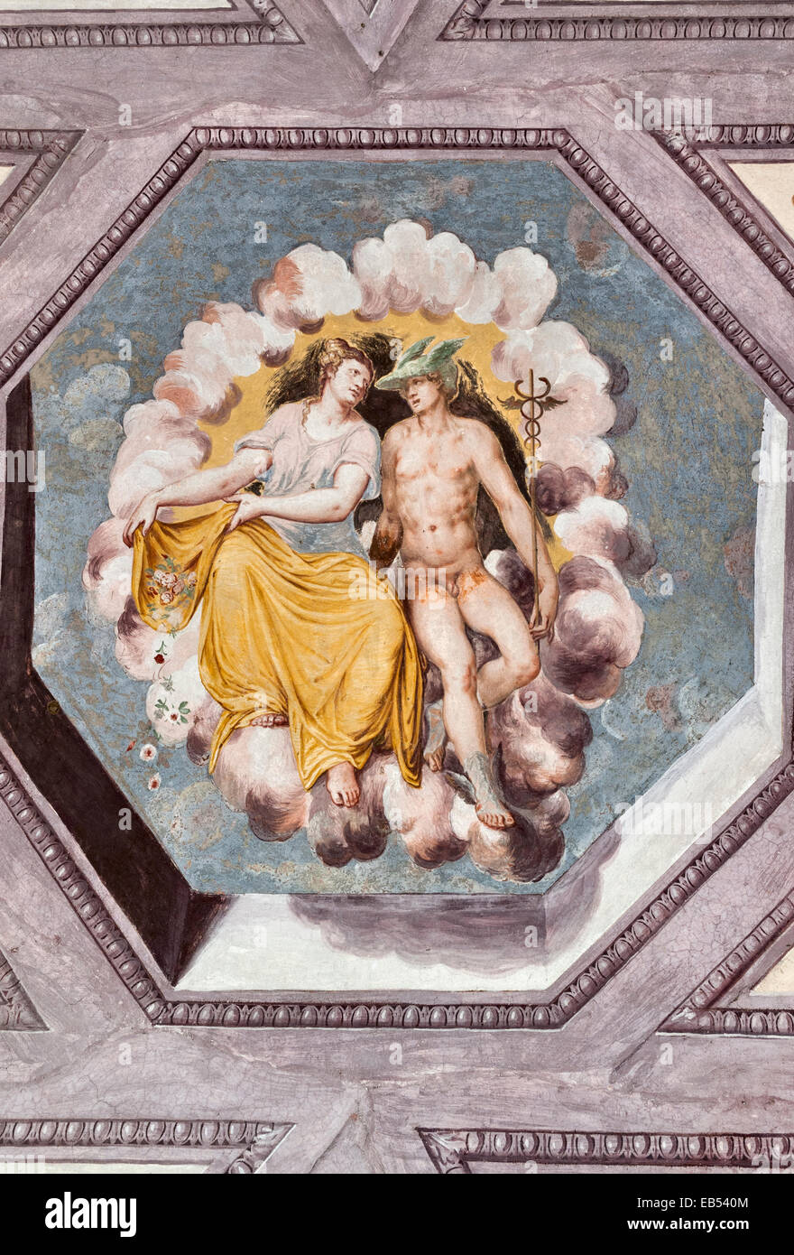 Plafond décoré de fresques représentant la divinité romaine Mercure (Hermès), dieu de la chance et du commerce, ainsi que le messager, à Villa Godi Malinverni, Vicence, Italie Banque D'Images