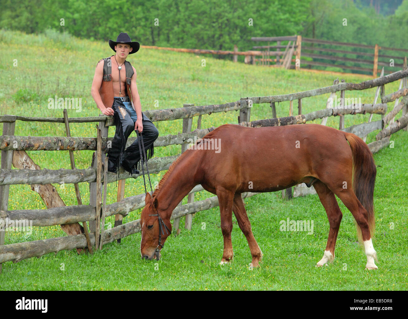 Man in cowboy vêtements assis sur la clôture à côté du cheval Banque D'Images