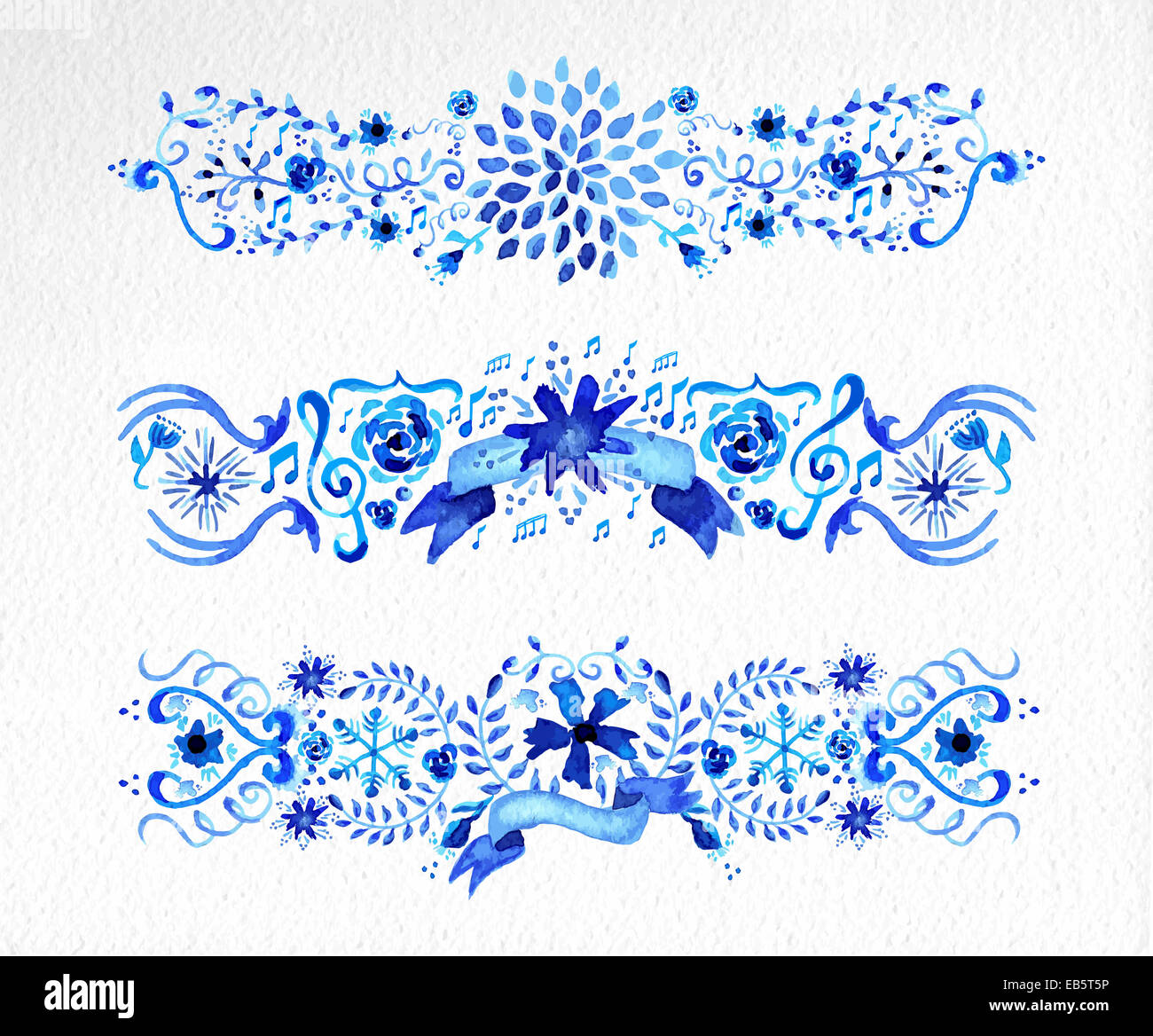 Ornement fleurs Aquarelle dessinés à la main, imprimés en bleu. Idéal pour le scrapbooking, saint valentin, mariage et carte de Noël. Vecteur EPS10 Banque D'Images