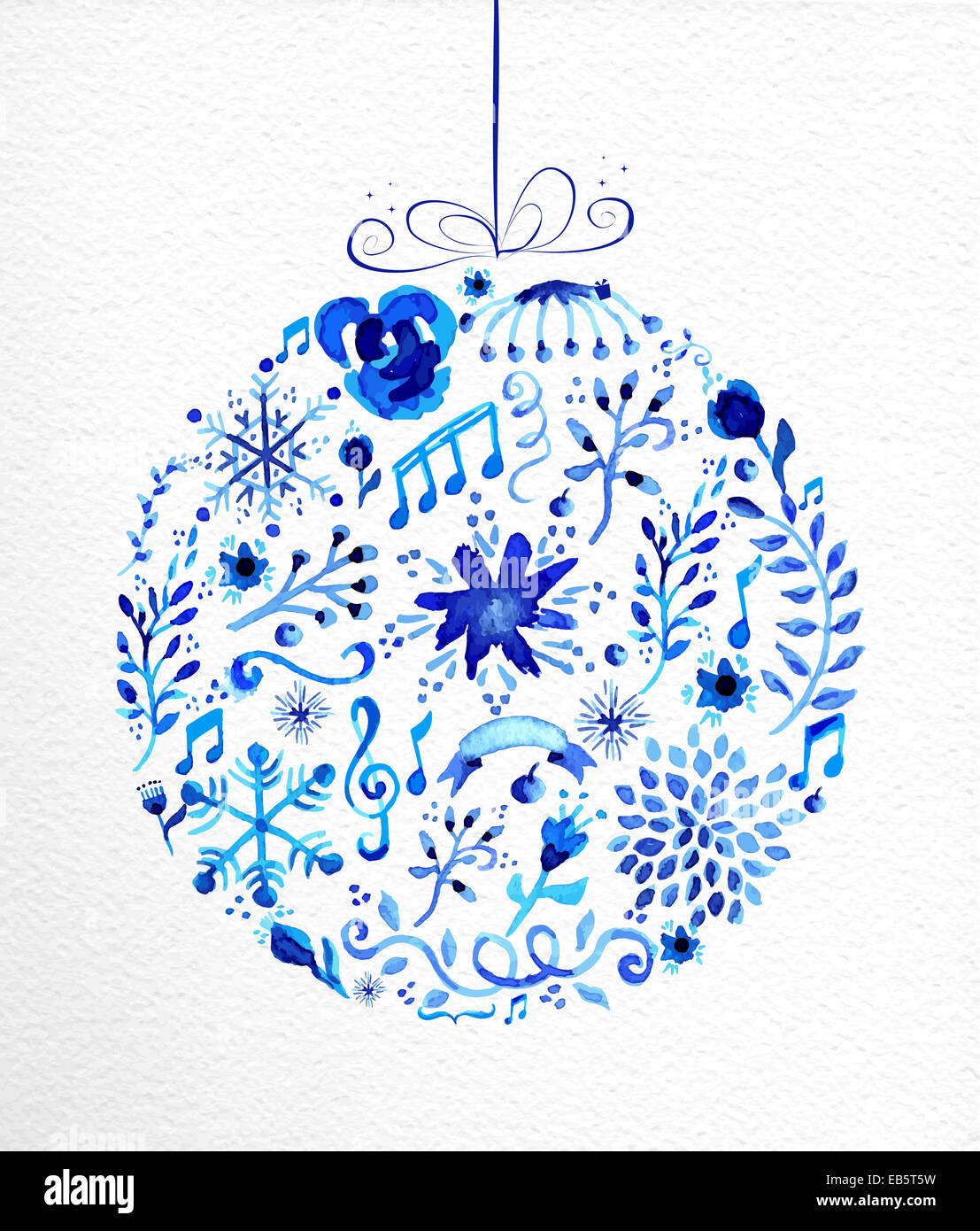 Vintage Christmas bauble forme. L'aquarelle à la main en bleu avec des fleurs, des rubans, des flocons et des éléments rétro. Idéal pour les gr Banque D'Images