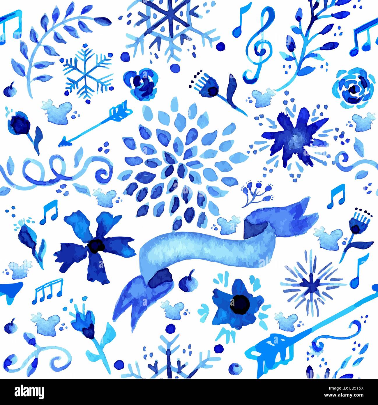Hand drawn seamless pattern avec aquarelle fleurs, flocons et les éléments de la décoration en bleu. Idéal pour tissu, rétractable pape Banque D'Images