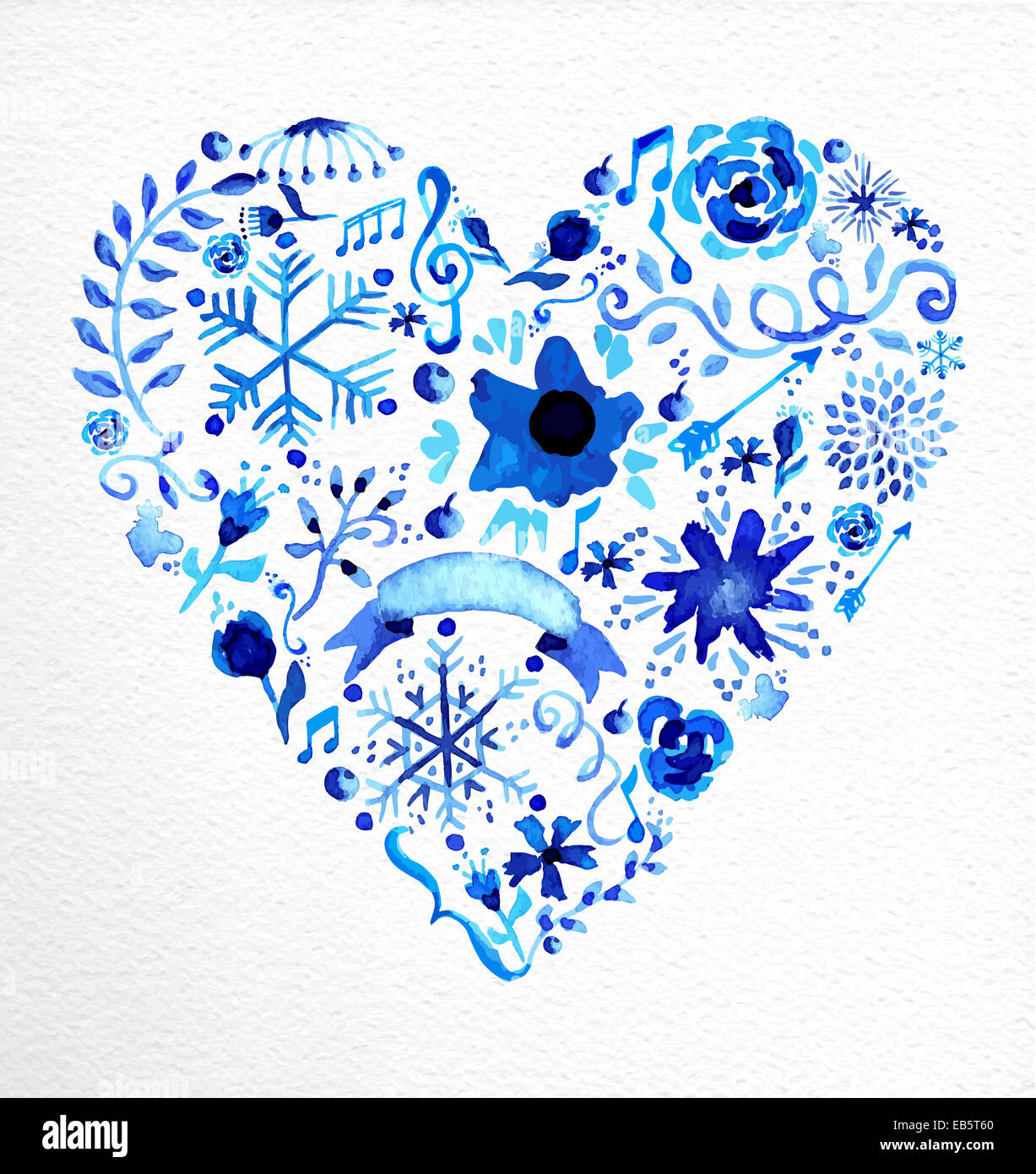 Ornement fleurs Aquarelle dessiné à la main forme coeur amour en bleu. Idéal pour la saint valentin, mariage et carte de Noël. Vecteur EPS10 Banque D'Images
