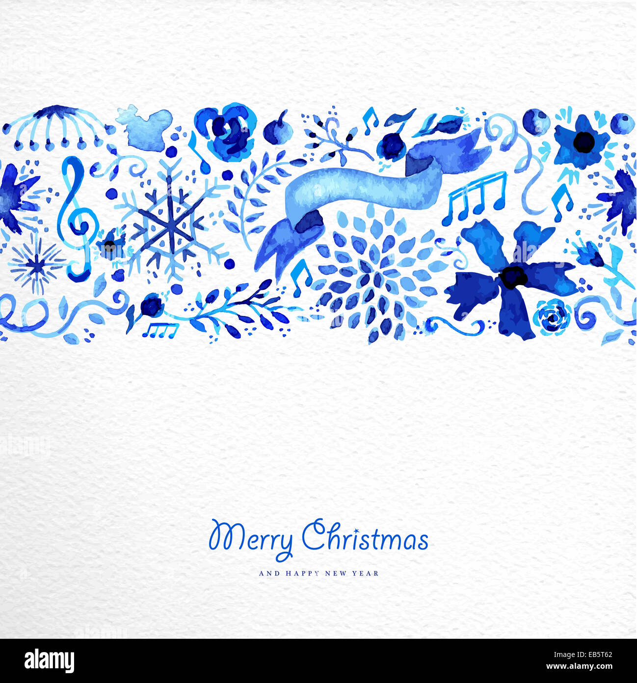 Aquarelle dessiné à la main des éléments de Noël de fond transparent. Fleur, flocons d'un ruban en bleu avec étiquette vintage te Banque D'Images