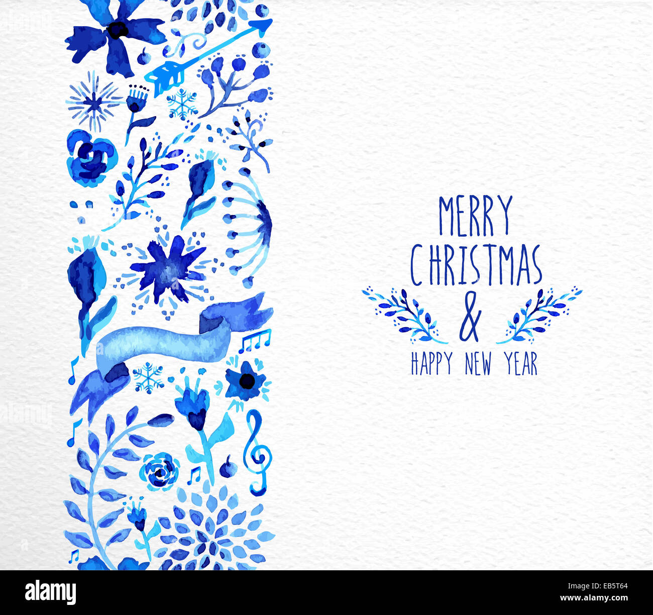 Aquarelle dessiné à la main des éléments de Noël de fond transparent. Fleur, flocons d'un ruban en bleu avec étiquette vintage te Banque D'Images