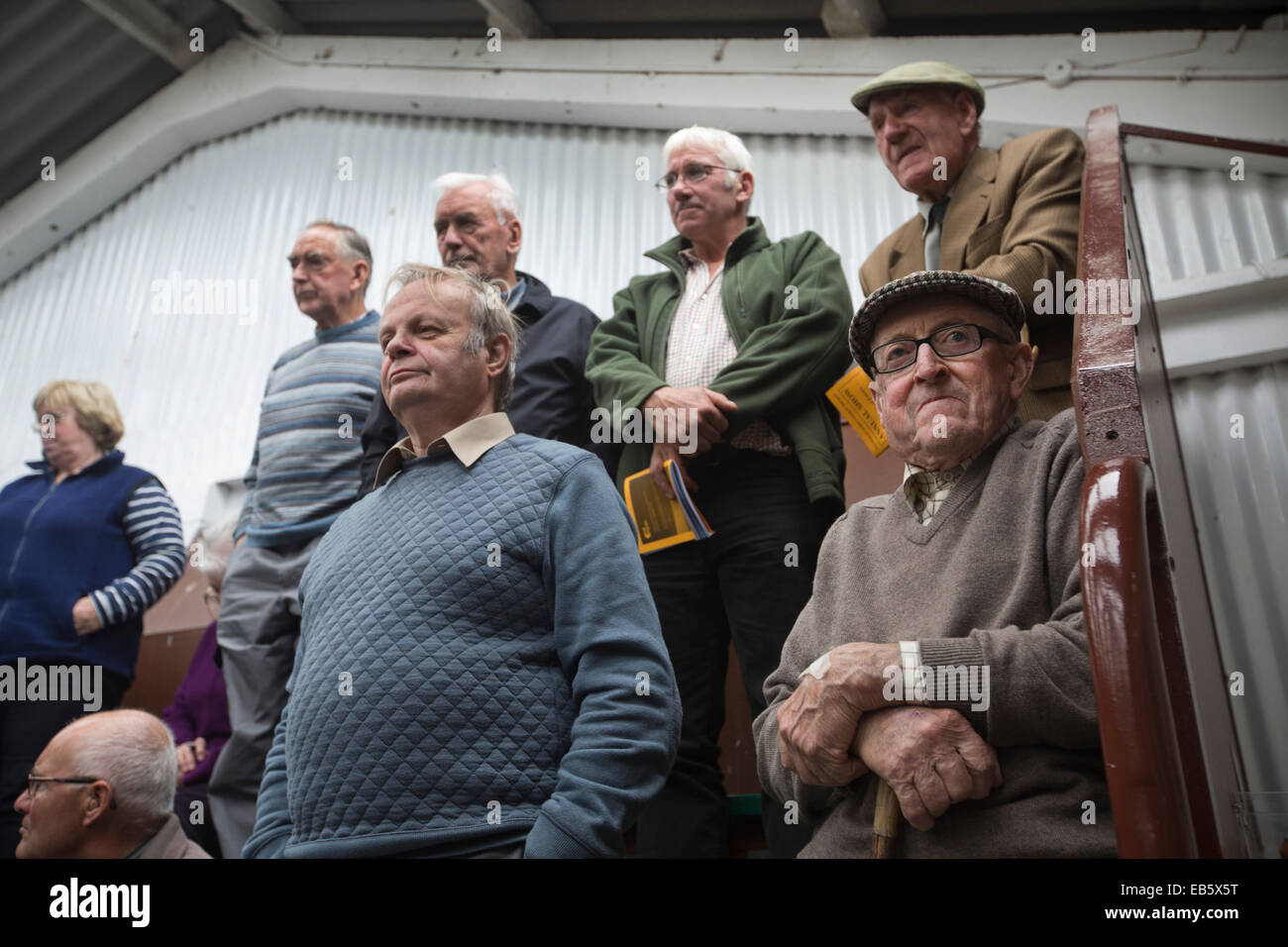 Un groupe d'hommes regardant le jugement de la compétition à la brebis Dalmally Agricultural Society Show à Dalmally, en Écosse. Banque D'Images