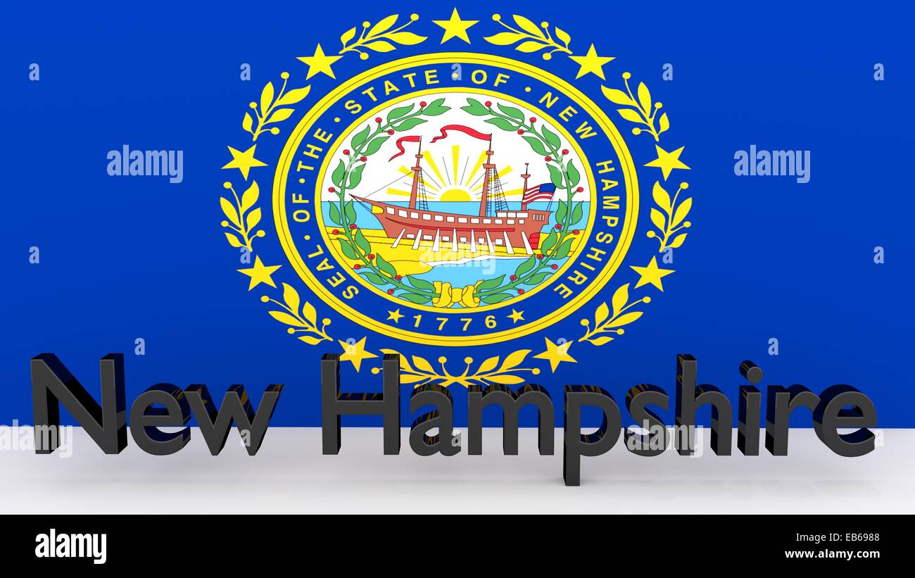 L'écriture avec le nom de l'État américain du New Hampshire faits de métal sombre en face de drapeau Banque D'Images