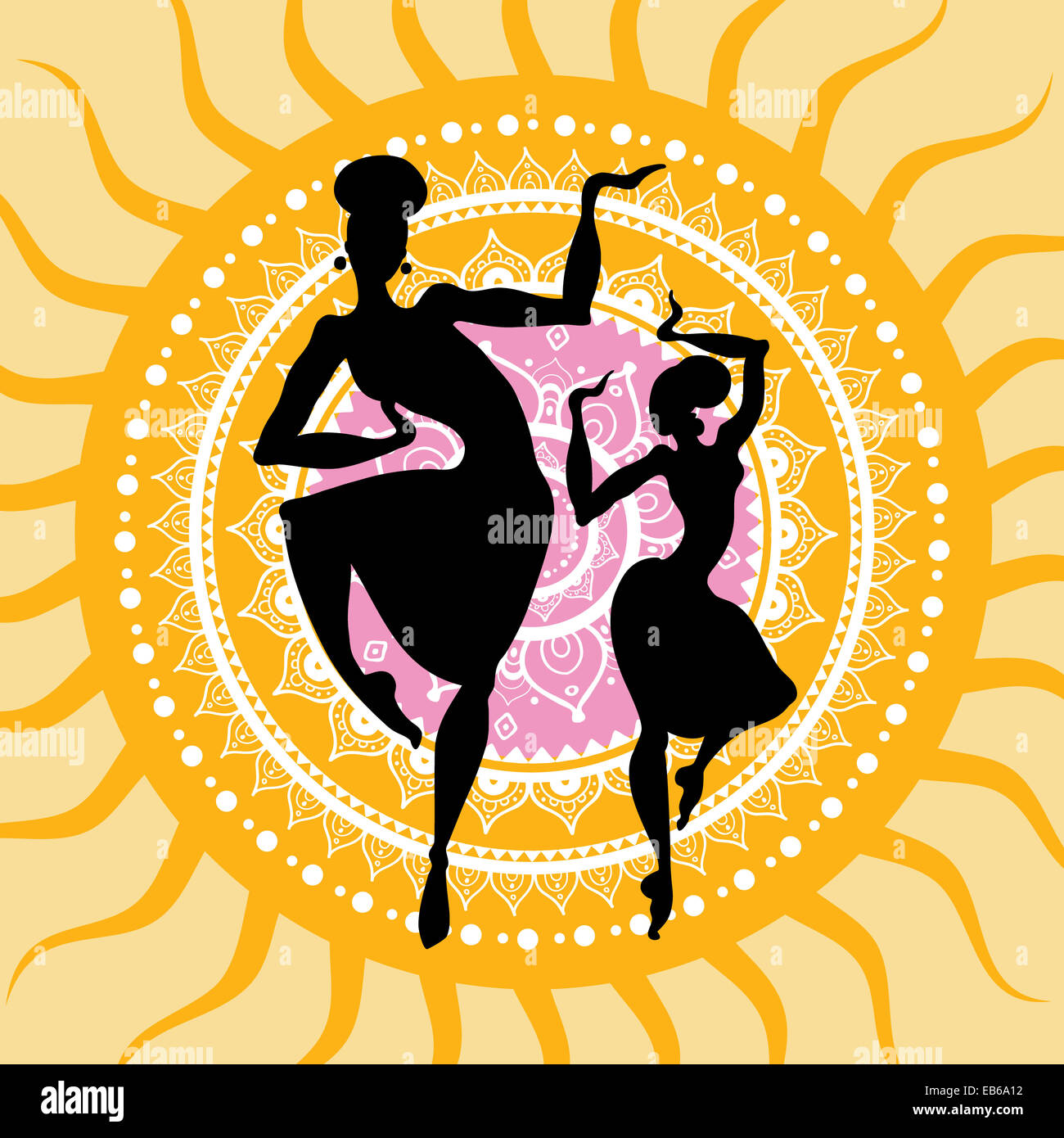 Mandala. Danseurs indiens silhouettes. Banque D'Images