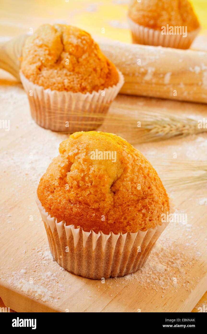 Libre de quelques madeleines, muffins ordinaire typique espagnol, sur une surface en bois parsemé de farine et d'un rouleau à pâtisserie et certains wh Banque D'Images