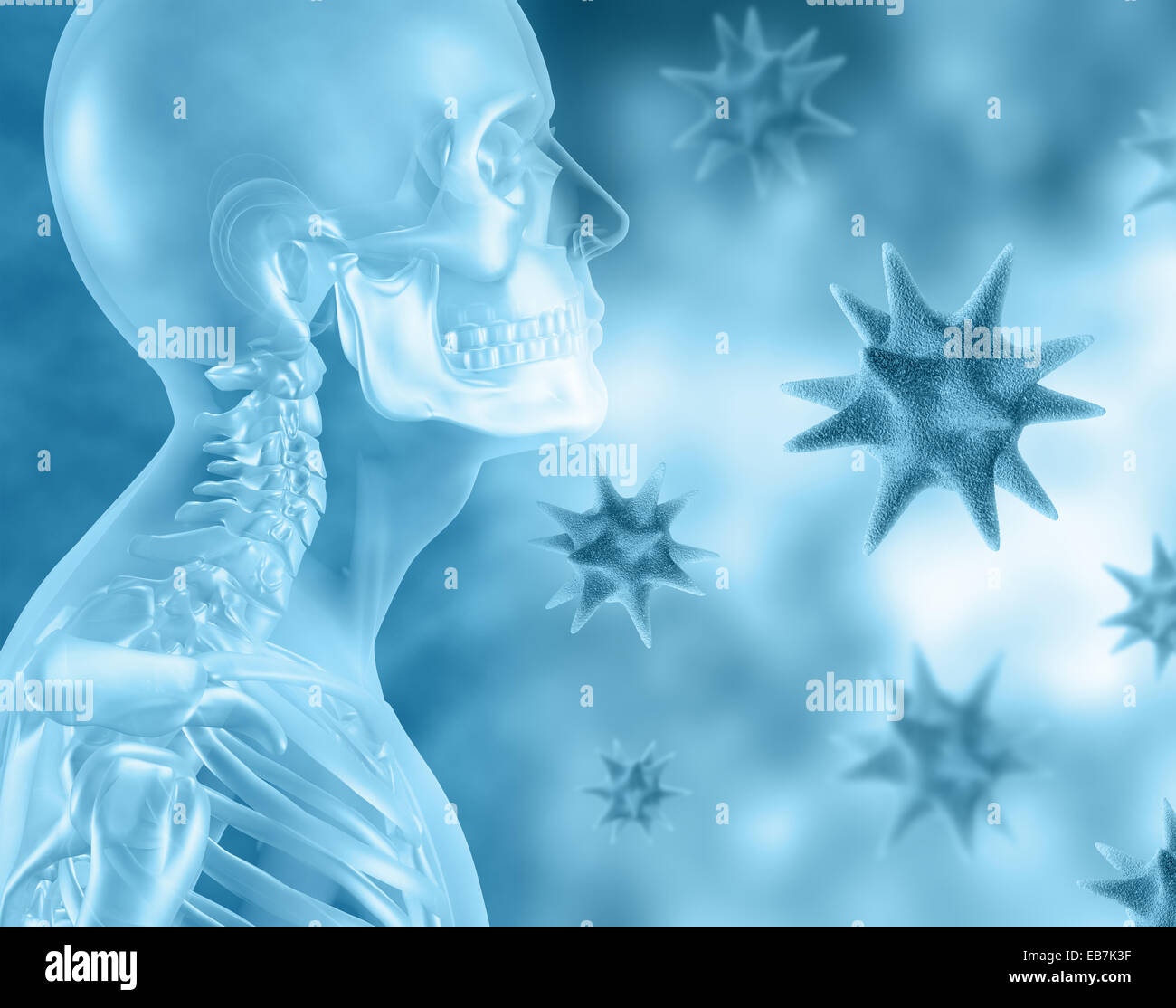 Formation médicale en 3D avec les cellules et virus medical skeleton masculin Banque D'Images