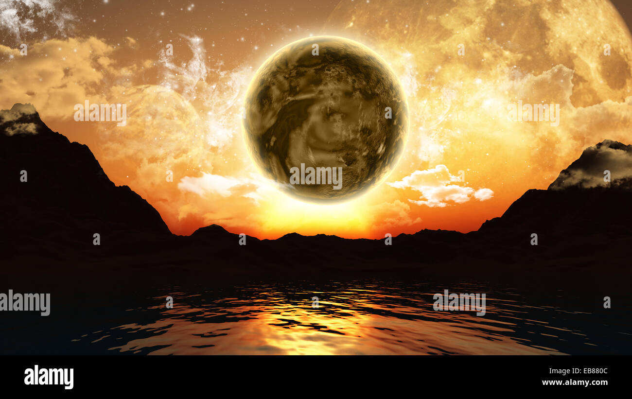 Paysage 3D de planètes fictives et de l'océan Banque D'Images