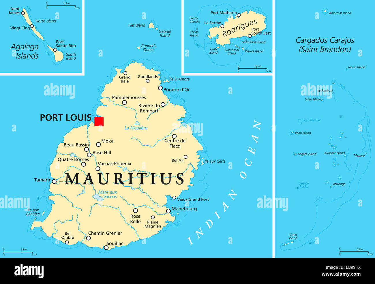 Carte Politique de l'île Maurice avec capitale Port Louis, les îles Agalega et Rodrigues et avec l'archipel de Saint Brandon. Banque D'Images