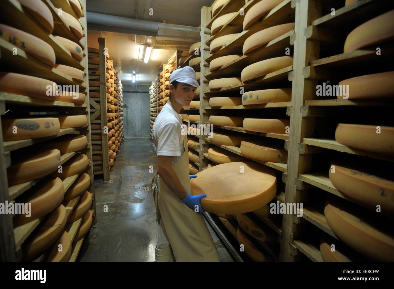 Cave d'affinage du fromage Morbier Lagrange en usine aux fromages Fromagerie Sancey Richard de