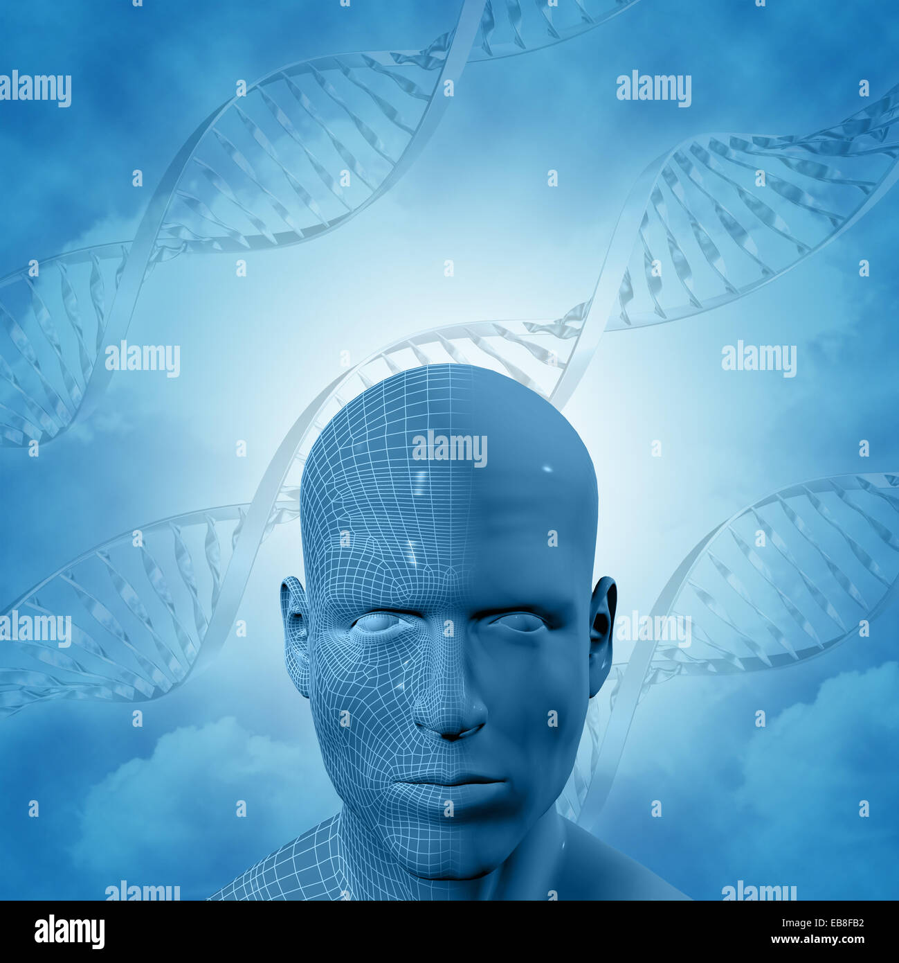 Formation médicale en 3D avec des brins d'ADN et face mâle Banque D'Images