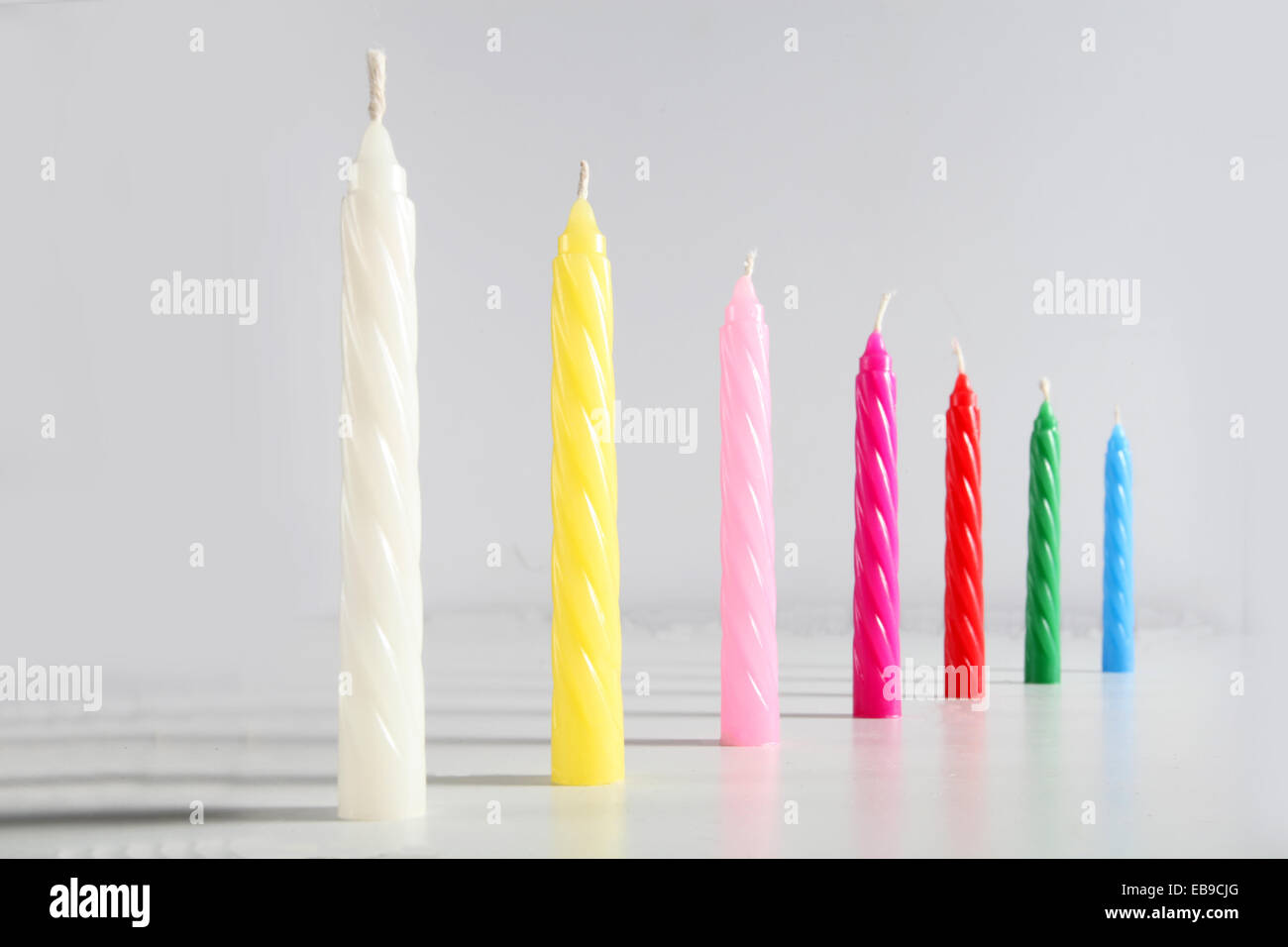 Sept bougies couleur anniversaire sur fond blanc Banque D'Images