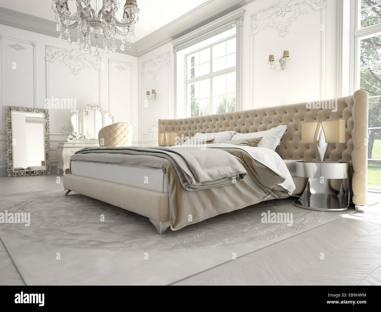 Intérieur d'une chambre à coucher de style classique en villa de luxe. Le rendu 3D Banque D'Images