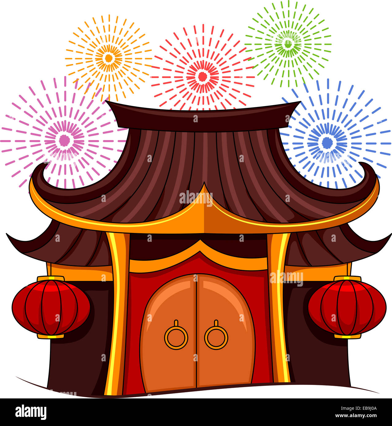 Doté d''une pagode avec illustration d'Artifice coloré en toile Banque D'Images