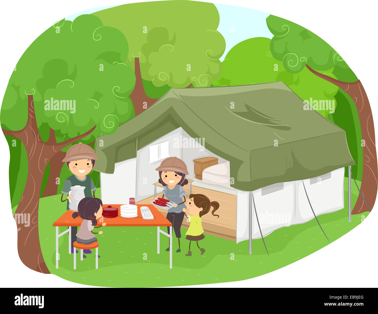 Illustration avec une famille faire un pique-nique à côté d'une tente Safari Banque D'Images