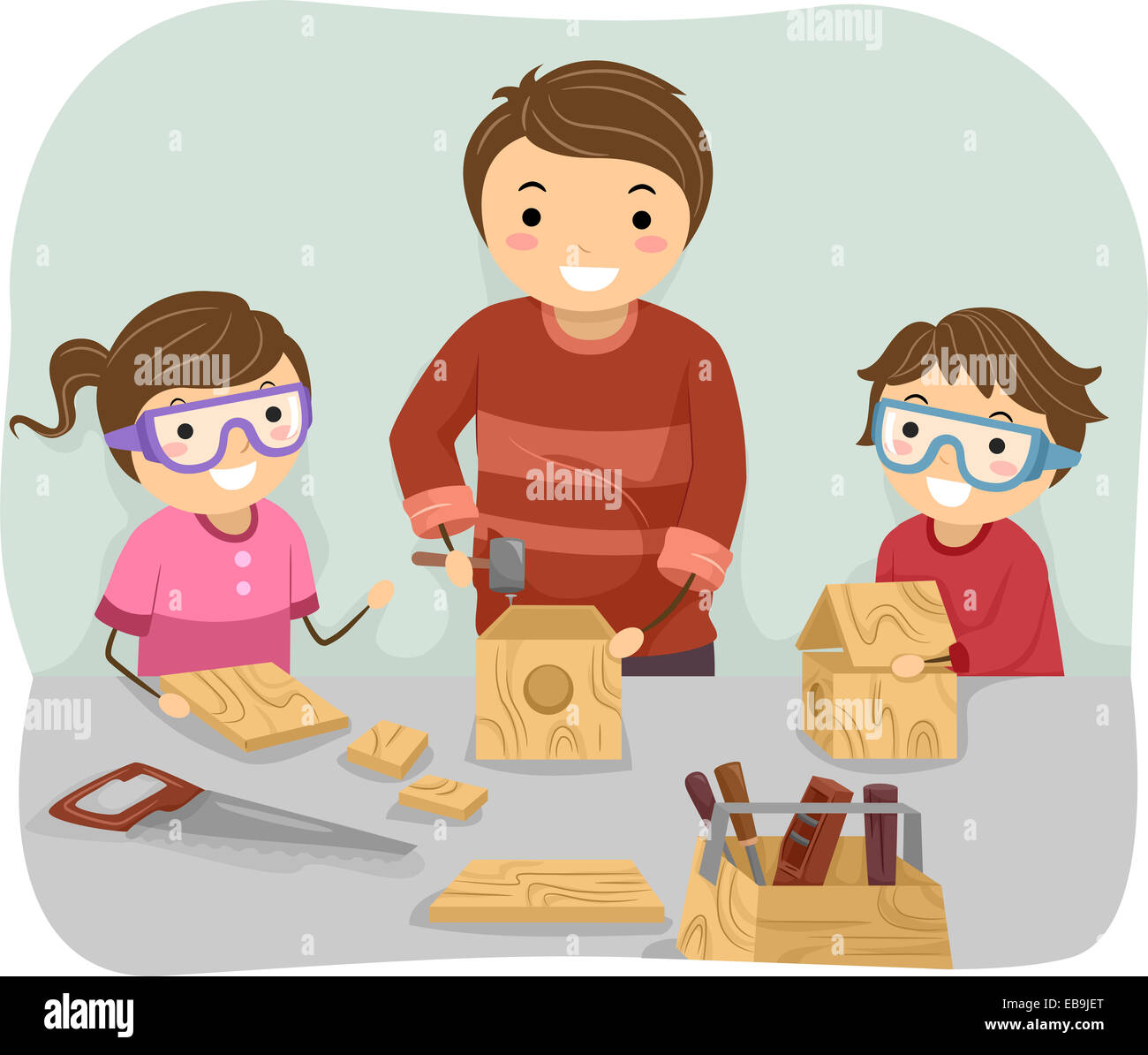 Illustration d'un père enseignant à ses enfants comment faire Woodwork Banque D'Images