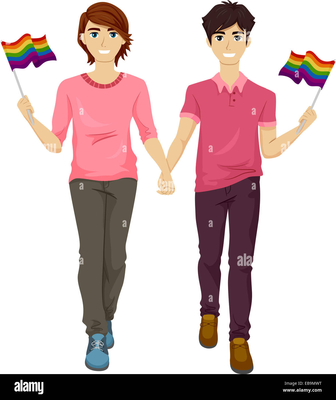 Illustration avec un couple gay, participant à une marche de la fierté gay Banque D'Images