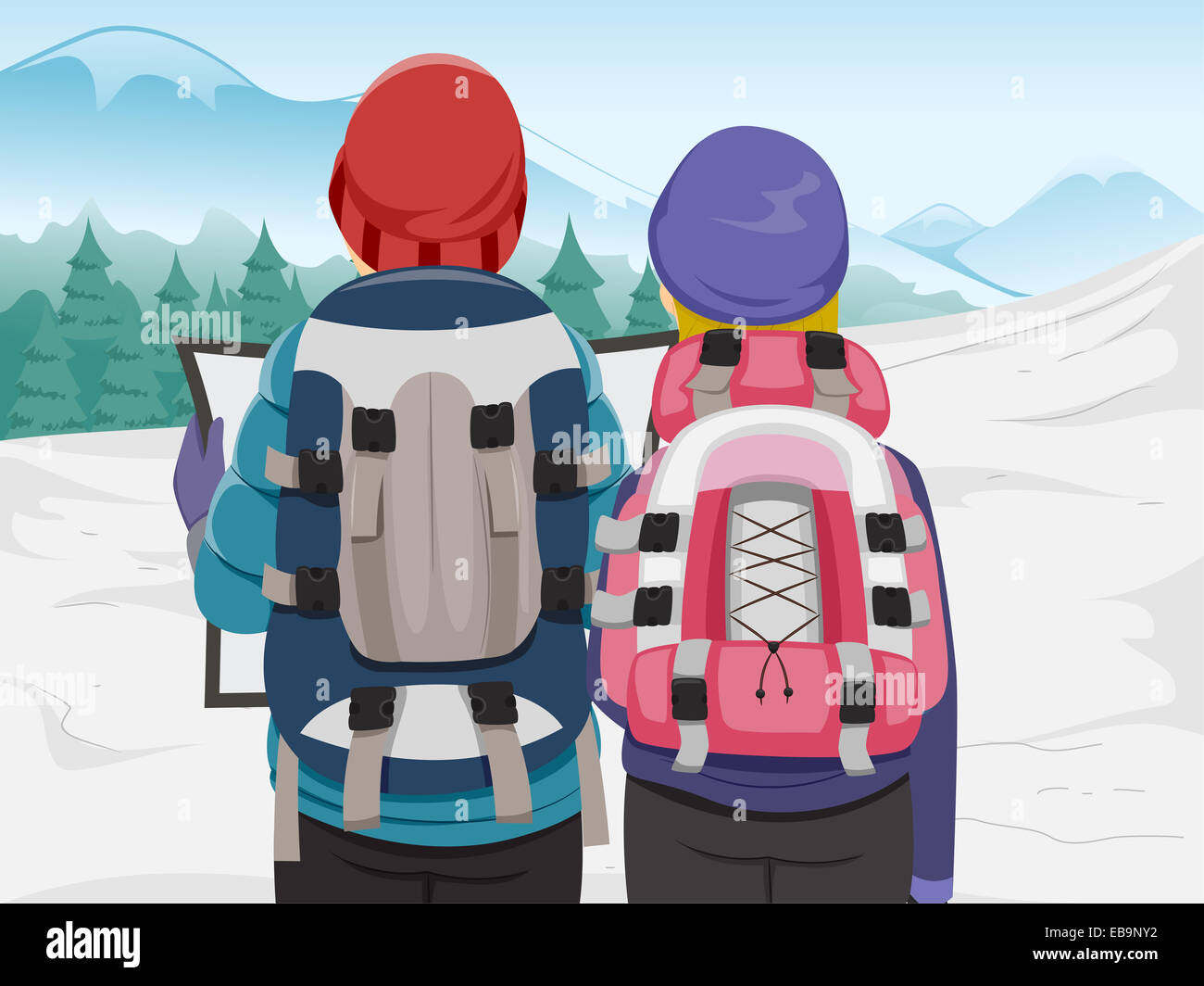 L'illustration comprend un couple de randonnée l'examen d'une carte de voyage Banque D'Images