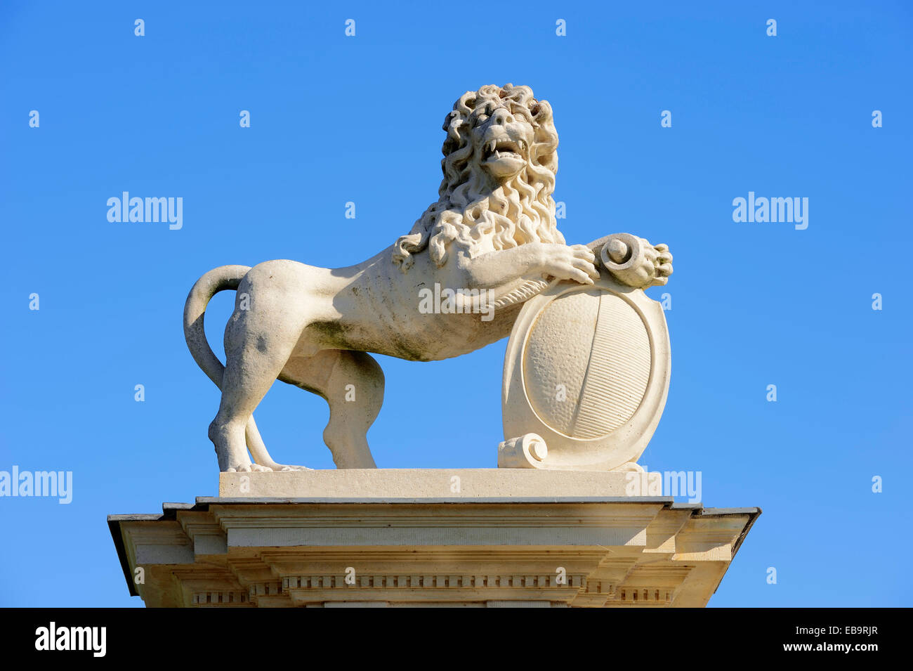 Lion sculpture, Donderberg palace, un château baroque pouvant accueillir Fachhochschule für Finanzen NRW University Banque D'Images